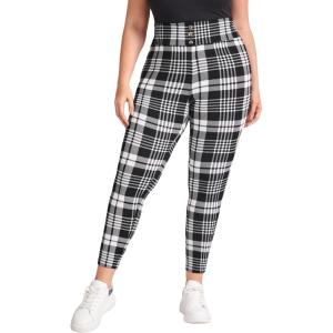 imageFloerns Womens Plus Size Plaid Pants Leggings Stretchy Elastic Waist Work Skinny PantsBlack White Tartan