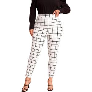 imageFloerns Womens Plus Size Plaid Pants Leggings Stretchy Elastic Waist Work Skinny PantsWhite Plaid