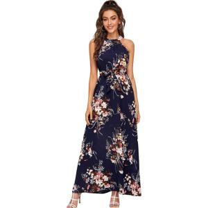 imageFloerns Womens Sleeveless Halter Neck Vintage Floral Print Maxi DressA Navy Flower