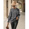 imageFloerns Womens Leopard Print Elegant Long Sleeve Frill Trim Mock Neck Blouse TopsGrey