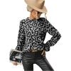 imageFloerns Womens Leopard Print Elegant Long Sleeve Frill Trim Mock Neck Blouse TopsGrey