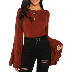imageFloerns Womens 70s Western Flowy Bell Sleeve Blouse Tops ShirtsBrown Red