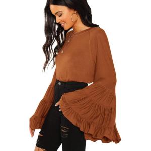 imageFloerns Womens 70s Western Flowy Bell Sleeve Blouse Tops ShirtsRust Red Light Brown