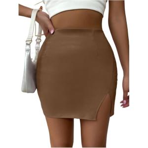 imageFloerns Womens Faux Leather Bodycon Split Mini SkirtDark Coffee