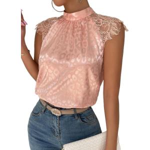 imageFloerns Womens Lace Splice Collar Cap Sleeve Office Blouse TopsDusty Pink