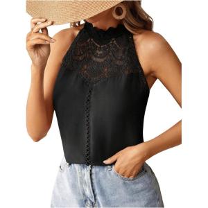 imageFloerns Womens Lace Splice Collar Cap Sleeve Office Blouse TopsPlain Black