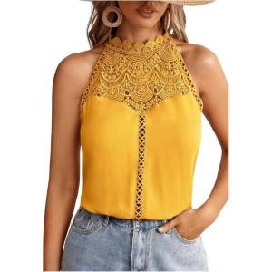 imageFloerns Womens Lace Splice Collar Cap Sleeve Office Blouse TopsSolid Yellow