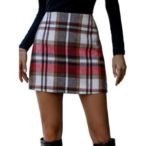 imageFloerns Womens Plaid High Waist Bodycon Mini SkirtRed White Multi