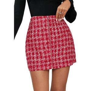 imageFloerns Womens Plaid High Waist Bodycon Mini SkirtWhite and Red