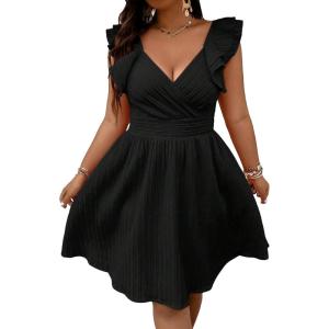imageFloerns Womens Plus Size Wrap Front Sweetheart Neck Ruffle Cap Sleeve A Line DressBlack