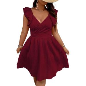 imageFloerns Womens Plus Size Wrap Front Sweetheart Neck Ruffle Cap Sleeve A Line DressBurgundy