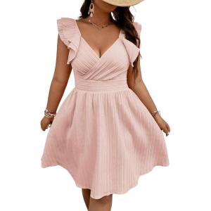 imageFloerns Womens Plus Size Wrap Front Sweetheart Neck Ruffle Cap Sleeve A Line DressLight Pink