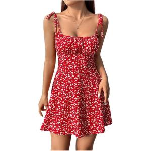imageFloerns Womens Summer Floral Cherry Print A Line Short Cami DressRed Flower