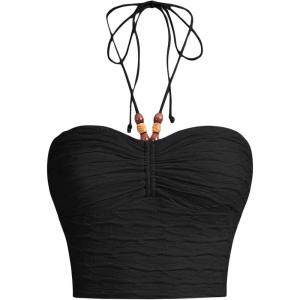 imageFloerns Womens Tie Backless Sleeveless Ruched Knitted Halter Crop TopAblack