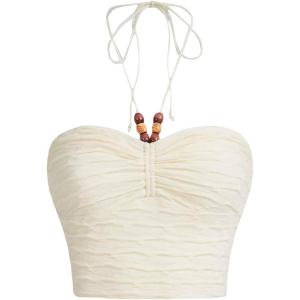 imageFloerns Womens Tie Backless Sleeveless Ruched Knitted Halter Crop TopBeige