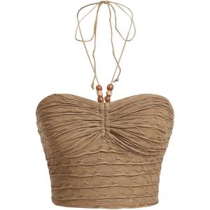 imageFloerns Womens Tie Backless Sleeveless Ruched Knitted Halter Crop TopKhaki