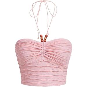 imageFloerns Womens Tie Backless Sleeveless Ruched Knitted Halter Crop TopLight Pink
