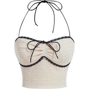 imageFloerns Womens Tie Backless Sleeveless Ruched Knitted Halter Crop TopMulti Apricot
