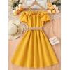 imageFloerns Girls Cold Shoulder Ruffle Trim Short Sleeve Belted A Line Midi DressYellow