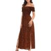 imageFloerns Womens Boho Floral Print Off Shoulder Split Long A Line DressBlack Coffee