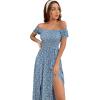 imageFloerns Womens Boho Floral Print Off Shoulder Split Long A Line DressBlue Floral Multi
