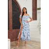 imageFloerns Womens Boho Floral Print Off Shoulder Split Long A Line DressBlue White