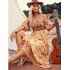 imageFloerns Womens Boho Floral Print Off Shoulder Split Long A Line DressYellow Floral Multi