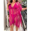 imageFloerns Womens Plus Size V Neck Fringe Trim Slit Hem Cover Up SwimwearHot Pink