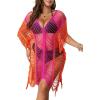 imageFloerns Womens Plus Size V Neck Fringe Trim Slit Hem Cover Up SwimwearPink and Orange