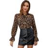 imageFloerns Womens Printed Bow Tied Neck Lantern Long Sleeve Workwear Shirts BlouseBrown Leopard