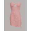 imageFloerns Womens Strapless Hight slit Asymmetrical Hem Twist Front Cutout Drawstring Party Clubwear Tube Bodycon Mini DressDusty Pink