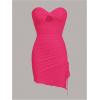 imageFloerns Womens Strapless Hight slit Asymmetrical Hem Twist Front Cutout Drawstring Party Clubwear Tube Bodycon Mini DressHot Pink