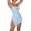 imageFloerns Womens Strapless Hight slit Asymmetrical Hem Twist Front Cutout Drawstring Party Clubwear Tube Bodycon Mini DressLight Blue