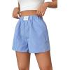 imageFloerns Womens Striped Print Letter Patched Elastic Waist Straight Wide Leg Casual ShortsLight Blue