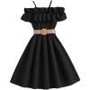 imageFloerns Girls Cold Shoulder Ruffle Trim Short Sleeve Belted A Line Midi DressBlack