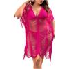 imageFloerns Womens Plus Size V Neck Fringe Trim Slit Hem Cover Up SwimwearHot Pink