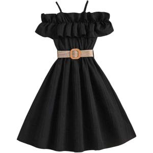imageFloerns Girls Cold Shoulder Ruffle Trim Short Sleeve Belted A Line Midi DressBlack