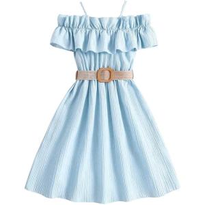 imageFloerns Girls Cold Shoulder Ruffle Trim Short Sleeve Belted A Line Midi DressBlue Sky