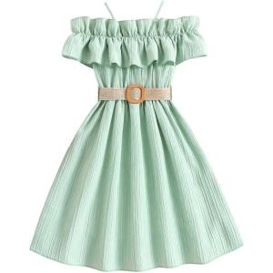 imageFloerns Girls Cold Shoulder Ruffle Trim Short Sleeve Belted A Line Midi DressMint Green