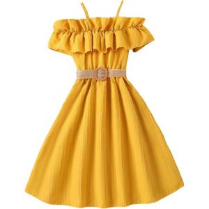 imageFloerns Girls Cold Shoulder Ruffle Trim Short Sleeve Belted A Line Midi DressYellow
