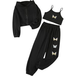 imageFloerns Girls Graphic Print Clothes Cami Top Sweatpants with Jacket 3 Piece OutfitBlack