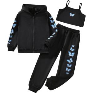 imageFloerns Girls Graphic Print Clothes Cami Top Sweatpants with Jacket 3 Piece OutfitBlack Butterfly