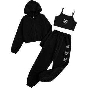 imageFloerns Girls Graphic Print Clothes Cami Top Sweatpants with Jacket 3 Piece OutfitBlack Purse