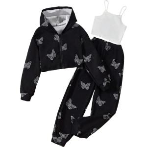 imageFloerns Girls Graphic Print Clothes Cami Top Sweatpants with Jacket 3 Piece OutfitBlack White Butterfly