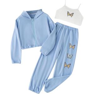 imageFloerns Girls Graphic Print Clothes Cami Top Sweatpants with Jacket 3 Piece OutfitBlue and White
