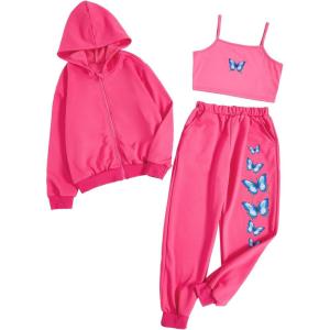 imageFloerns Girls Graphic Print Clothes Cami Top Sweatpants with Jacket 3 Piece OutfitHot Pink