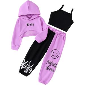 imageFloerns Girls Graphic Print Clothes Cami Top Sweatpants with Jacket 3 Piece OutfitPurple and Black