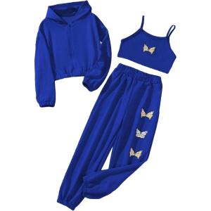 imageFloerns Girls Graphic Print Clothes Cami Top Sweatpants with Jacket 3 Piece OutfitRoyal Blue