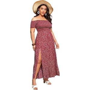 imageFloerns Womens Boho Floral Print Off Shoulder Split Long A Line DressA Red Plus