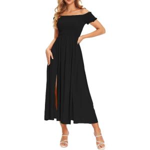 imageFloerns Womens Boho Floral Print Off Shoulder Split Long A Line DressA Solid Black
